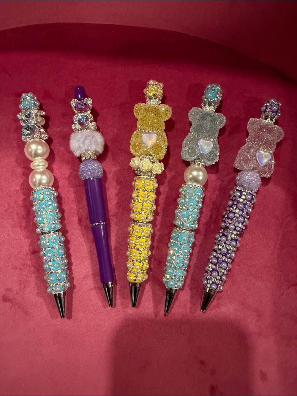 Sparkly Bejeweled Cute Bear & Pearl Ballpoint Pens - Pastel Mix